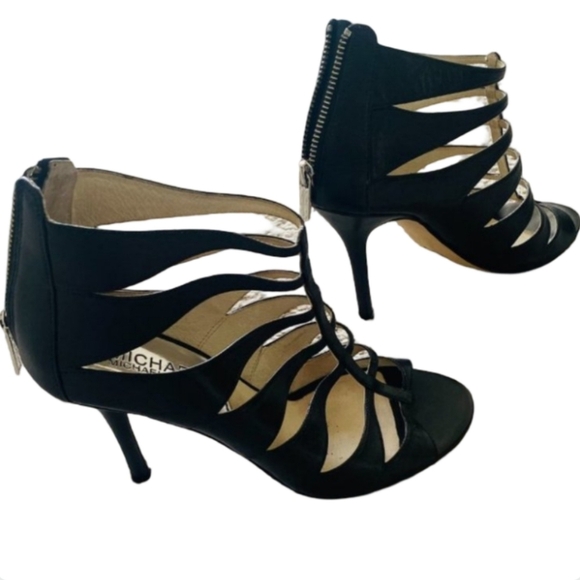 MICHAEL KORS Mavis Black Leather Caged Sandals Size 6.5 Open Toe High Heels - Picture 4 of 12